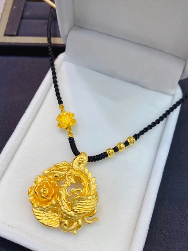 足金999凤穿牡丹编绳项链
