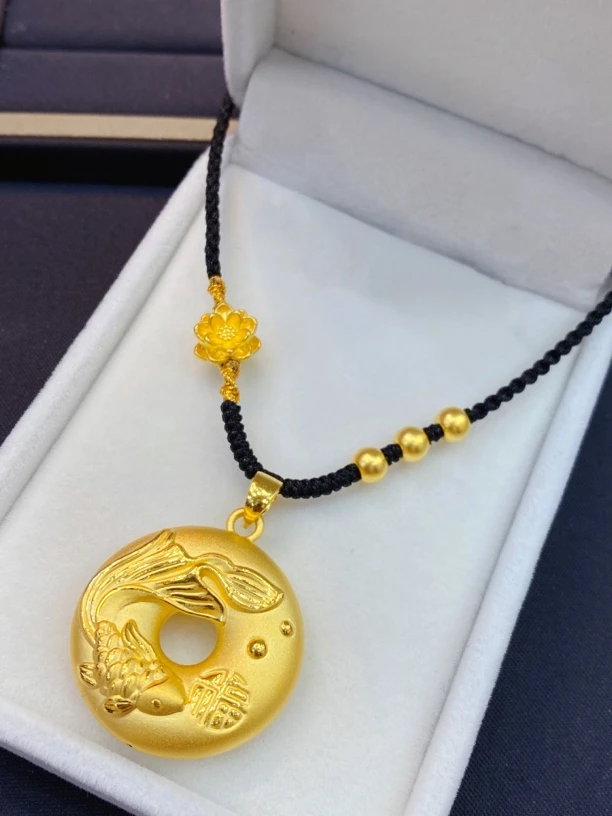 足金999锦鲤平安扣编绳项链