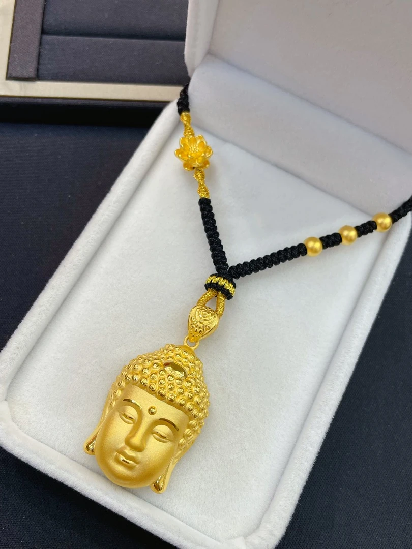 足金999佛头挂坠莲花金珠编绳项链