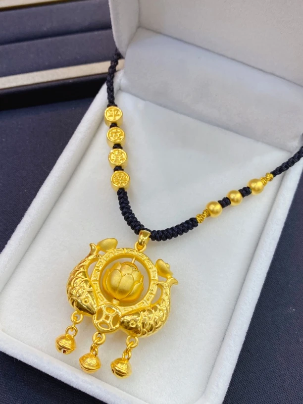 足金999双鱼莲花锁编织项链