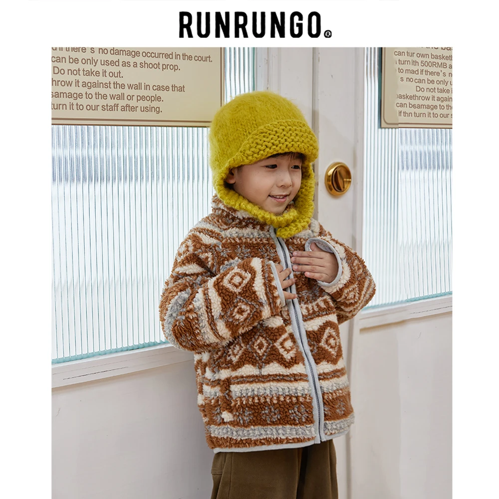 Runrungo儿童装复古颗粒绒外套男童女童宝宝秋冬保暖时尚连帽