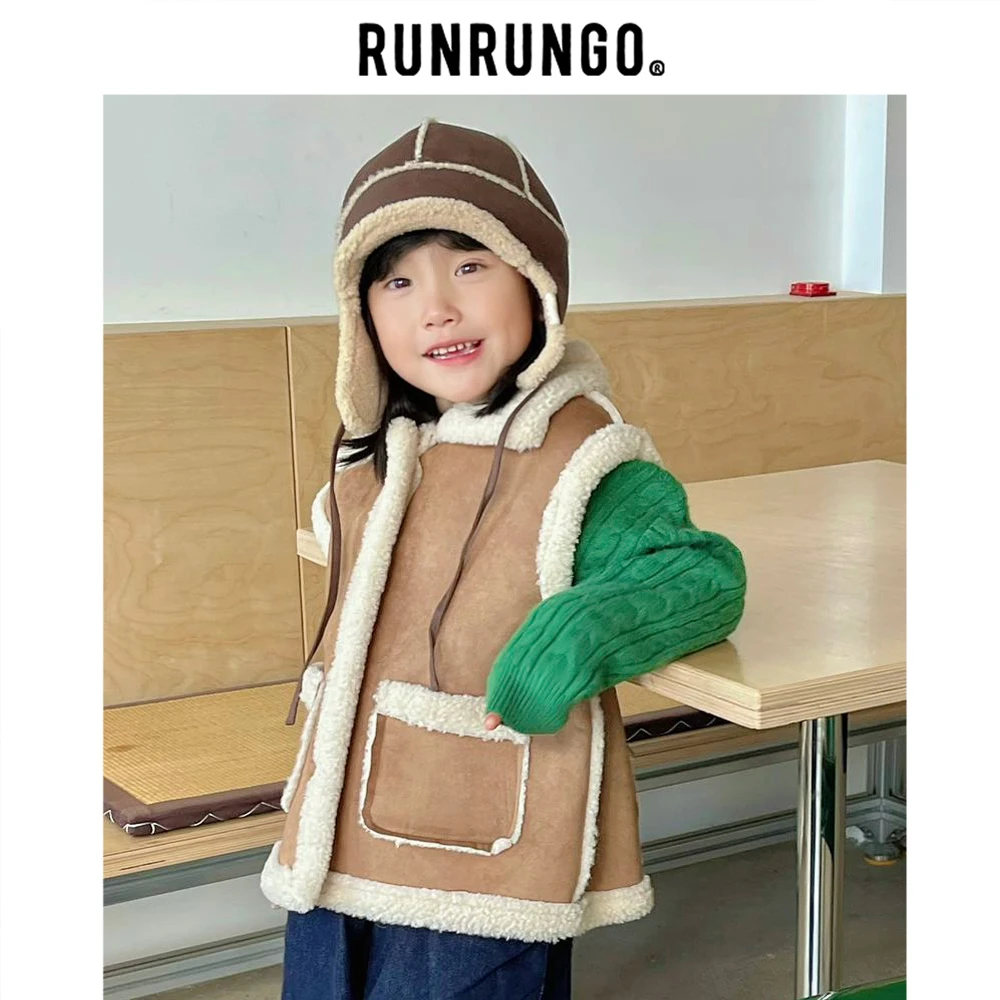 Runrungo【焦糖饼干】百搭翻领马甲儿童女童时尚加绒加厚保暖冬季