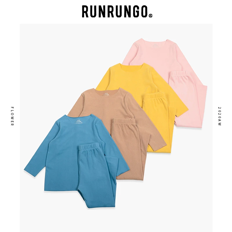 Runrungo打底德绒套装儿童秋季长袖纯色圆领简约长裤童装男女童