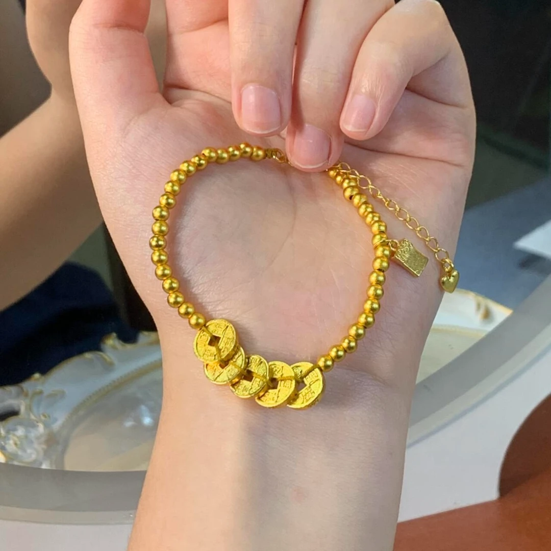 铜合金手链 五帝钱转运珠手链本命年新中式吉言钱带延长链