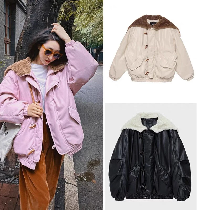 XI HaokanPU蛋白皮羽羽大翻领设计时尚宽松百搭外套