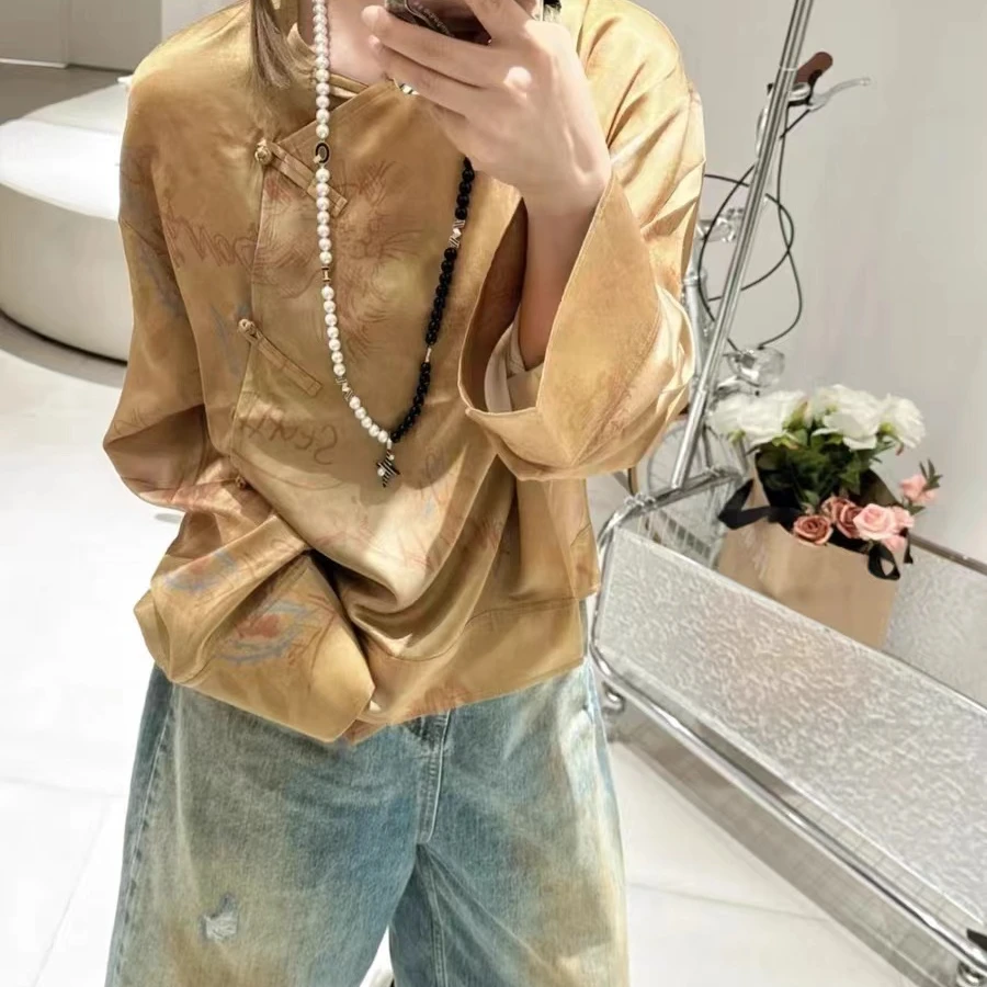 桑蚕丝100%设计师款买手店24年早秋印花新中式盘扣衬衫