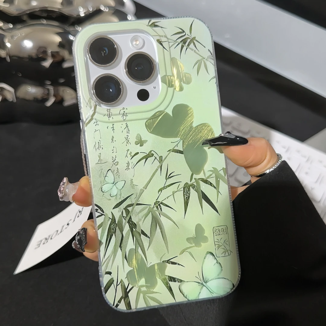 JIANGZI竹林蝴蝶适用iPhone15/14promax手机壳11苹果13/12羽纱壳