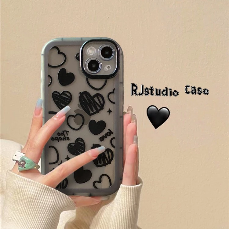 ins风黑色涂鸦爱心iPhone13苹果14pro max手机壳11全包12软壳xr女