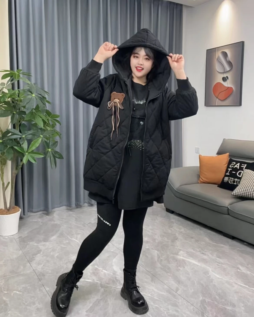 2加肥加大棉服23365女300斤可穿冬季新款中长款减龄棉机洗不成坨