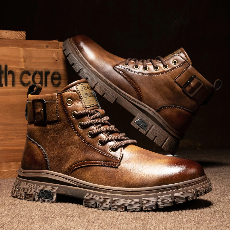 马丁靴男靴子秋冬英伦风真皮百搭复古牛皮高帮防滑耐磨机车工装靴