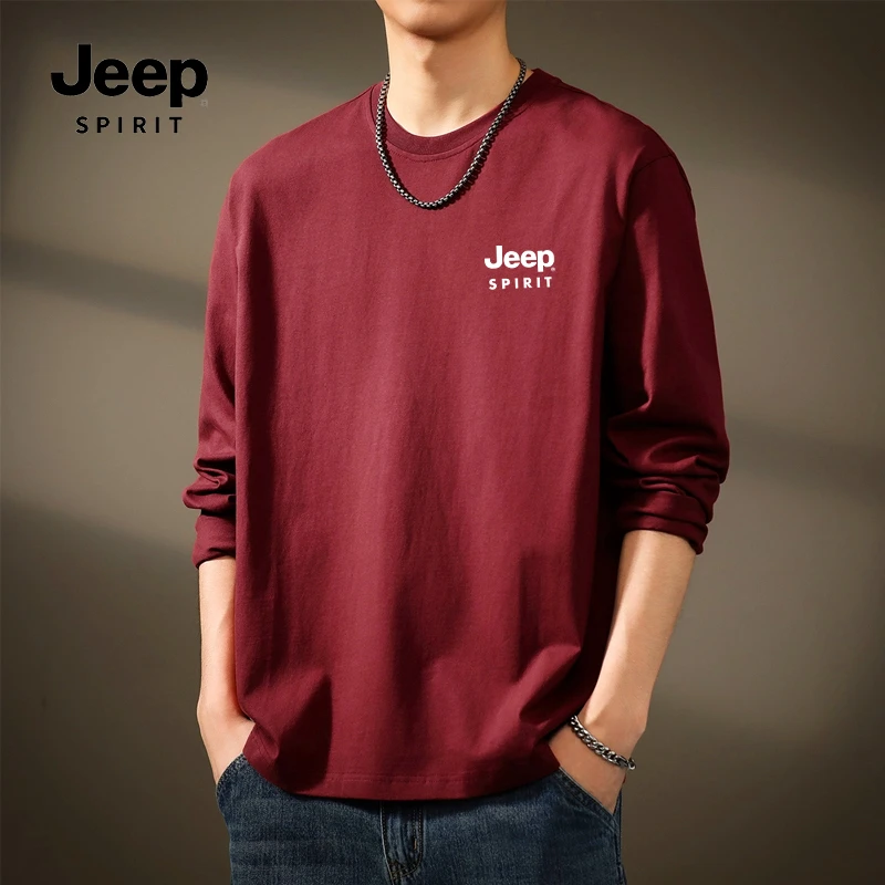 JEEP SPIRIT吉普纯棉长袖t恤男士春秋内搭打底衫本命年酒红色上衣