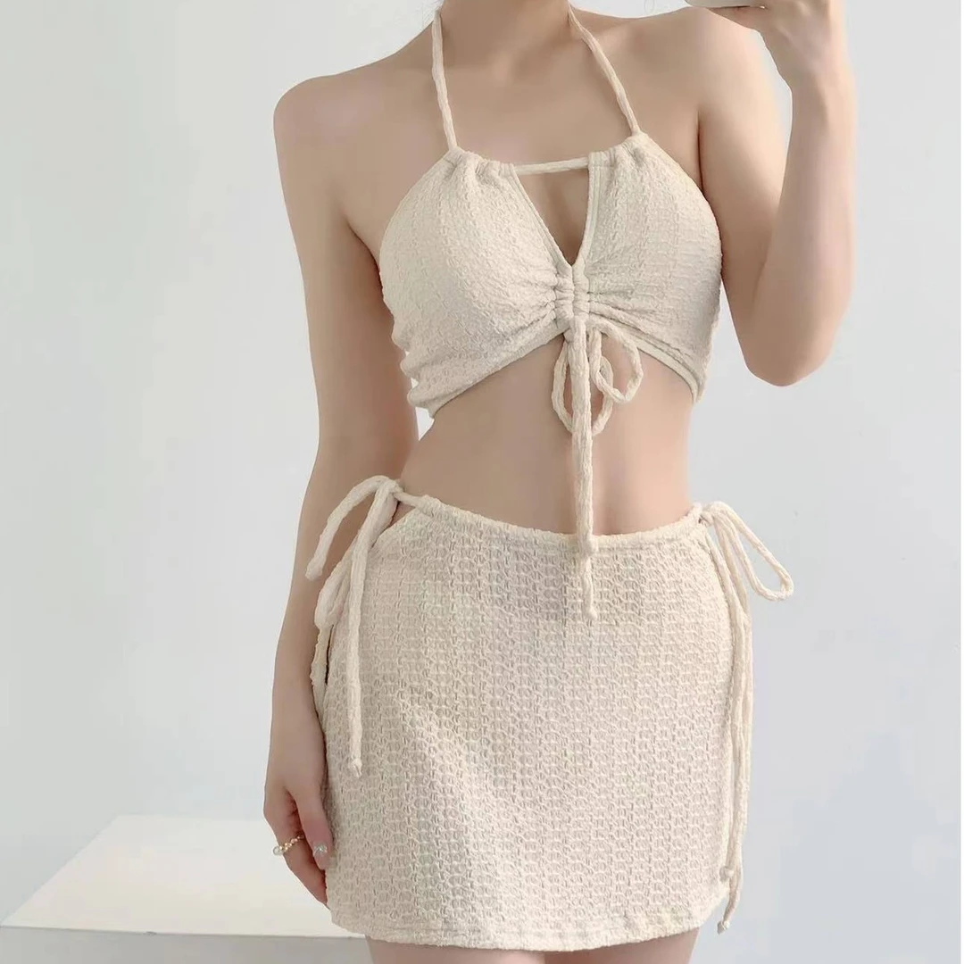 范美意【奶油】显瘦性感抽绳美背米白纯欲三件套比基尼