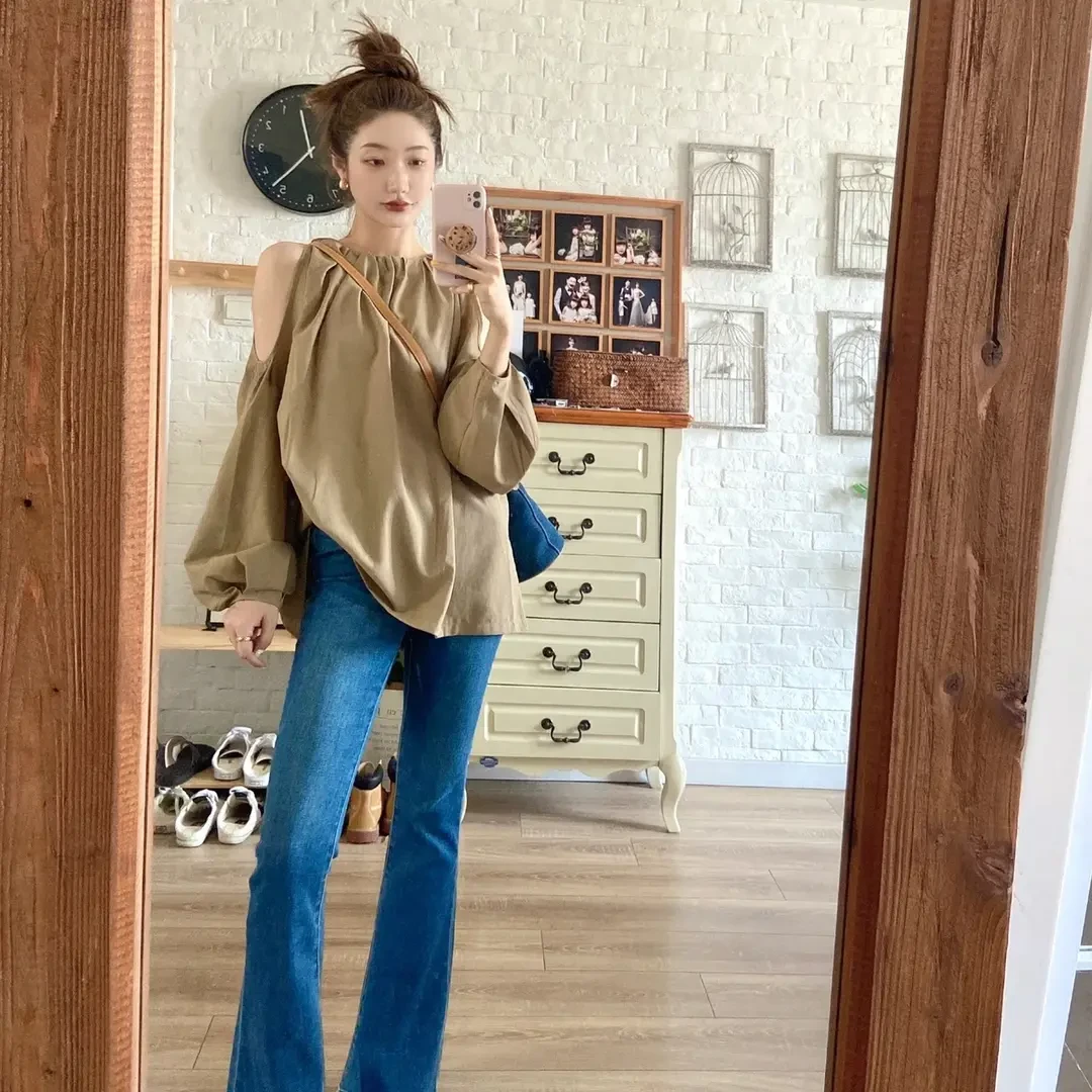 2025新款春夏季韩系露肩长袖慵懒休闲宽松衬衣上衣时尚显瘦