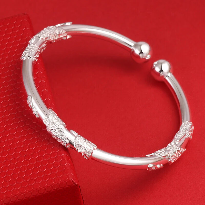 老凤凰纯银S999蒜头实心开口繁花镯子女花丝对珠银手镯妈妈礼