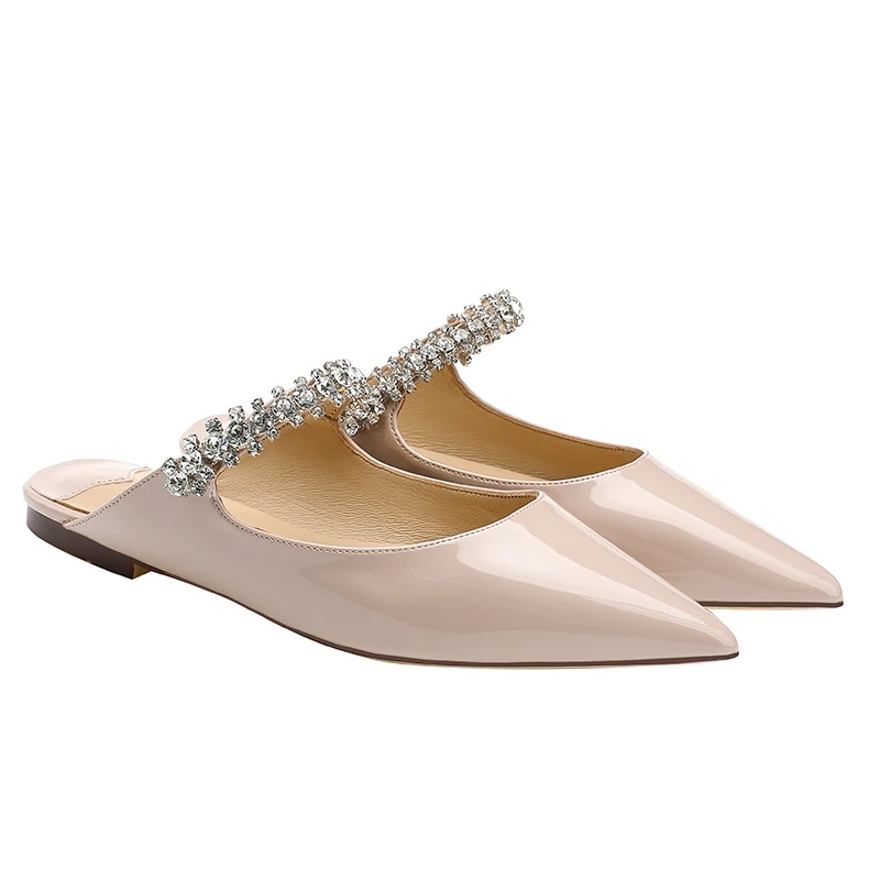 夏季外穿中跟水钻凉鞋漆皮包头平底半拖鞋女高级感凉拖鞋尖头法式