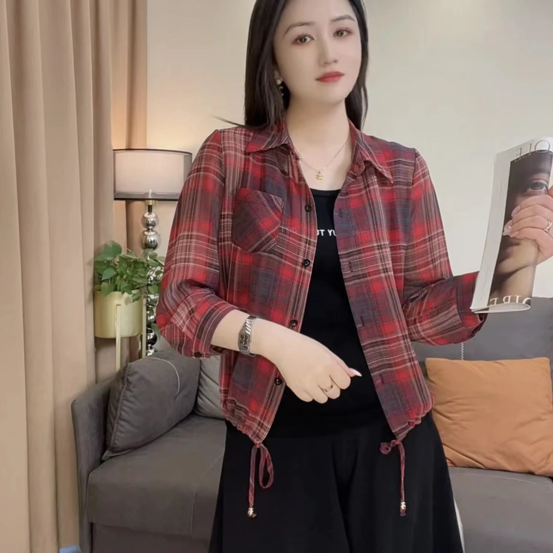 693格子休闲百搭洋气显瘦夏季新款七分袖上衣