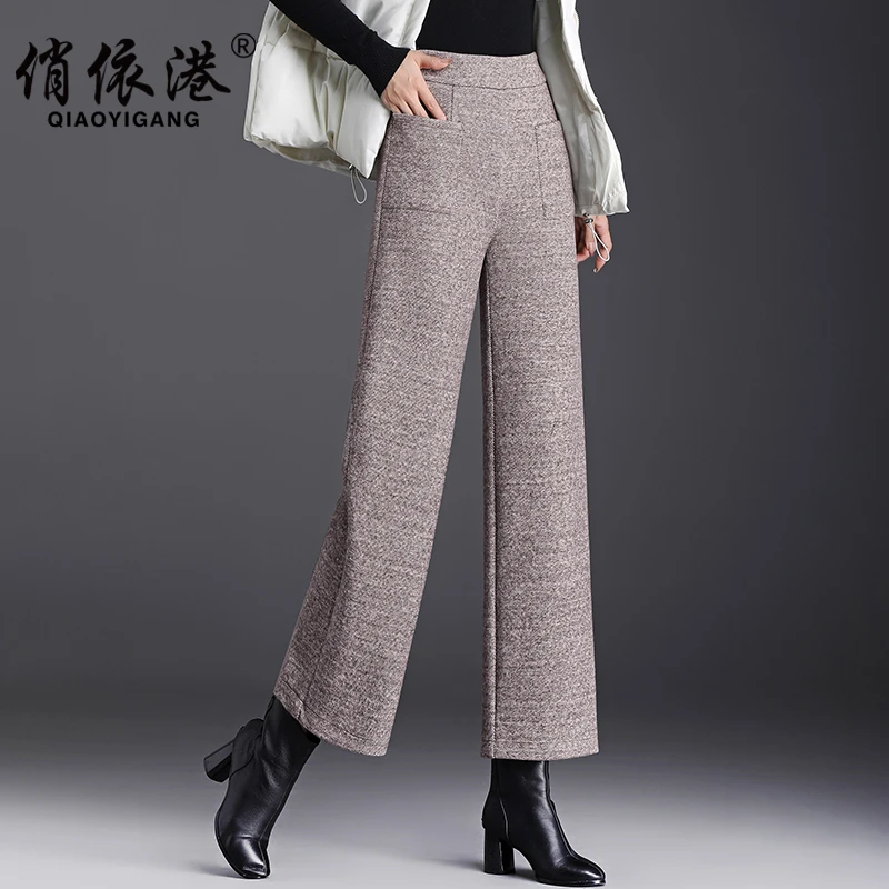 松紧腰毛呢阔腿裤女秋冬韩版宽松九分裤大码高腰显瘦直筒休闲裤子