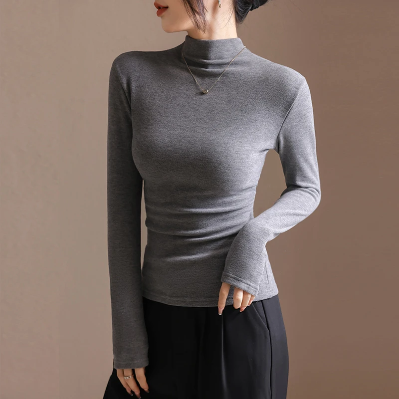 半高领T恤女秋冬新款设计感抽褶修身内搭加绒打底衫螺纹磨毛上衣