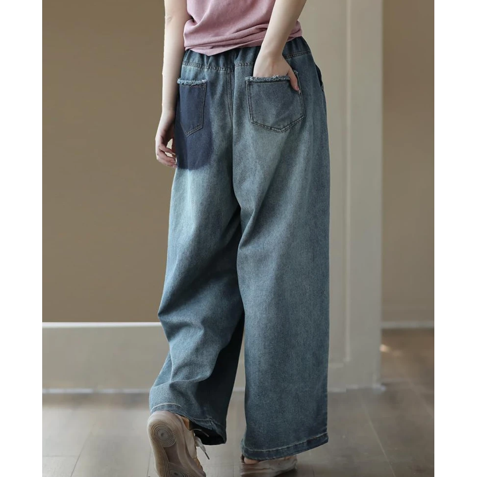 新中式水洗大码女装复古牛仔裤松紧2025春秋新款宽松筒裤休闲长裤