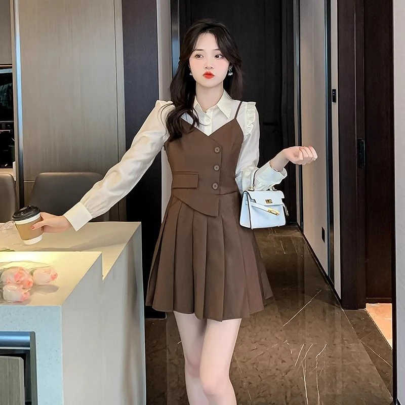 假两件连衣裙遮肚子显瘦假两件长袖连衣裙2024年新款显瘦小个子时