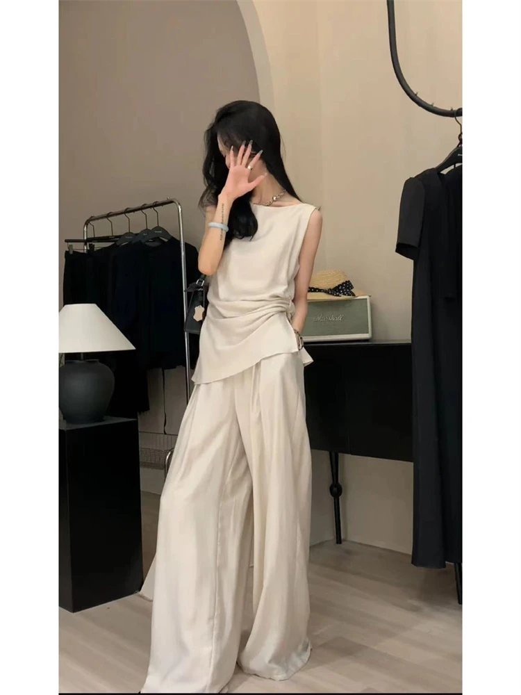 2024年气质淑女高级感百搭女上衣阔腿长裤学院风小个子夏装丁达尔