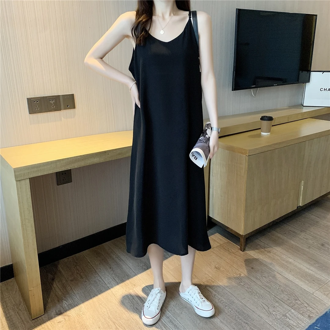 雪纺吊带连衣裙女小个子夏季2024新款宽松显瘦背心内搭打底长裙子