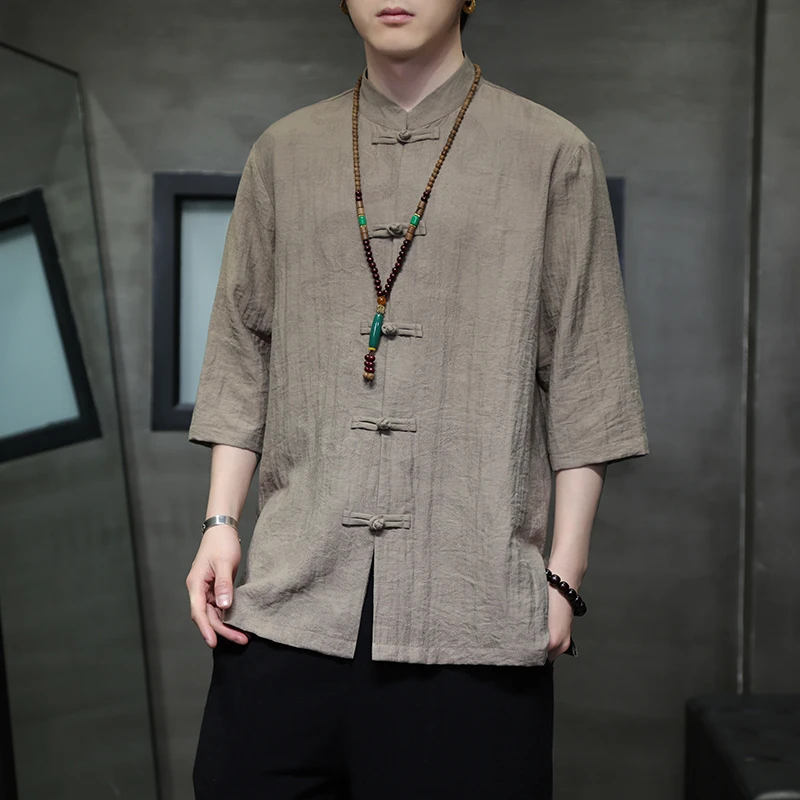 亚麻衬衫男短袖中式盘扣半袖唐装中国风男装夏季棉麻五分袖衬衣薄