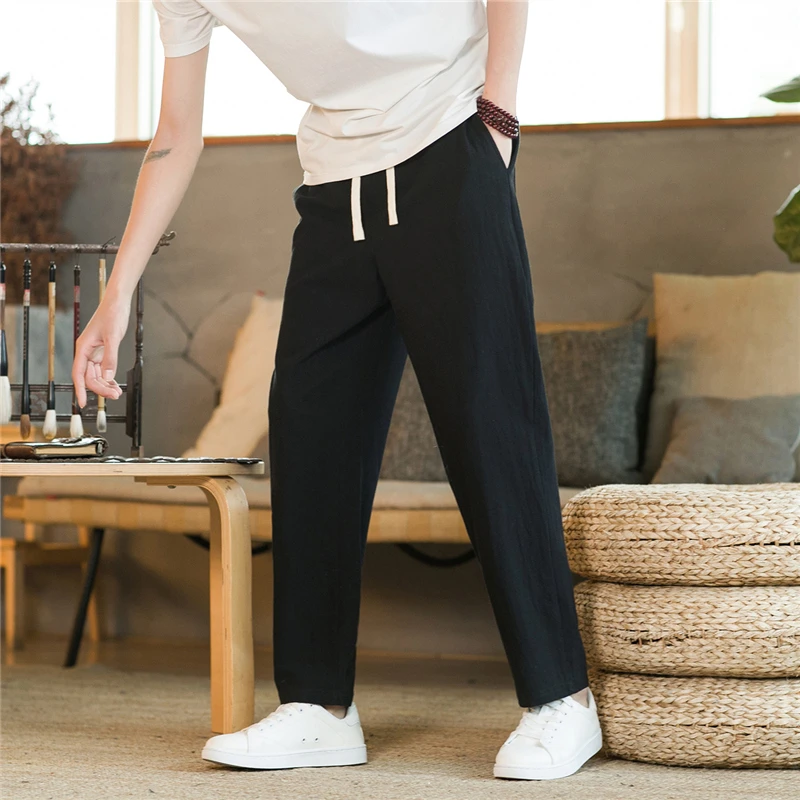 亚麻九分裤男夏季薄款休闲裤中国风棉麻裤子直筒宽松锥形裤9分裤