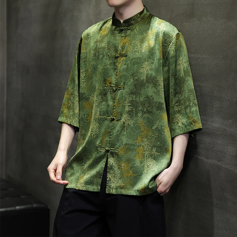 新中式七分短袖衬衫冰丝盘扣男士中国风夏季薄款唐装半袖衬衣汉服