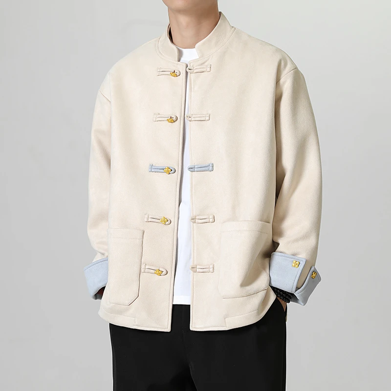 新中式唐装男中国风秋季款麂皮绒长袖夹克复古提花汉服大码外套潮