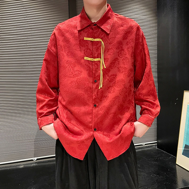 红色新中式唐装衬衫男春秋新款潮牌痞帅提花国风长袖汉服衬衣外套