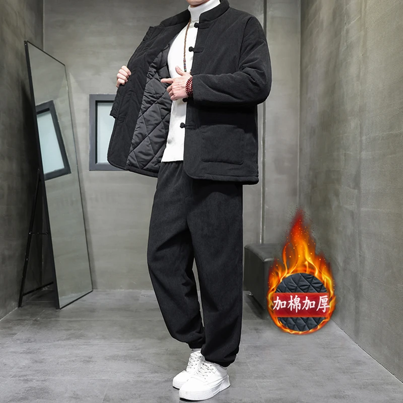 冬季新款中国风灯芯绒棉衣男套装新中式唐装加厚中山装棉服两件套