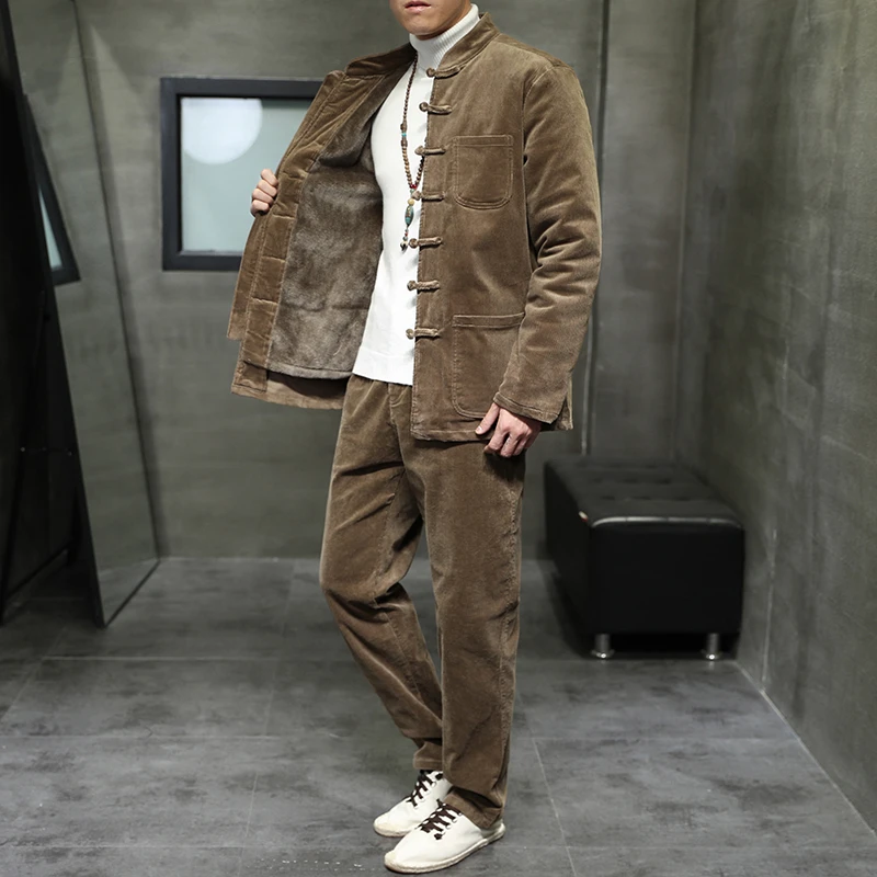 中国风秋冬加绒休闲唐装棉衣中式复古盘扣中山装外套男灯芯绒套装