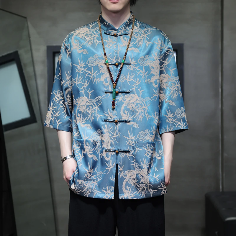 夏季薄款冰丝短袖衬衫男新中式宽松衬衣外套中国风立领唐装上衣服