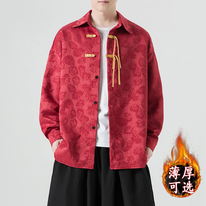 中国风男装加绒加厚衬衫男长袖秋冬季盘扣唐装外套中式上衣复古风