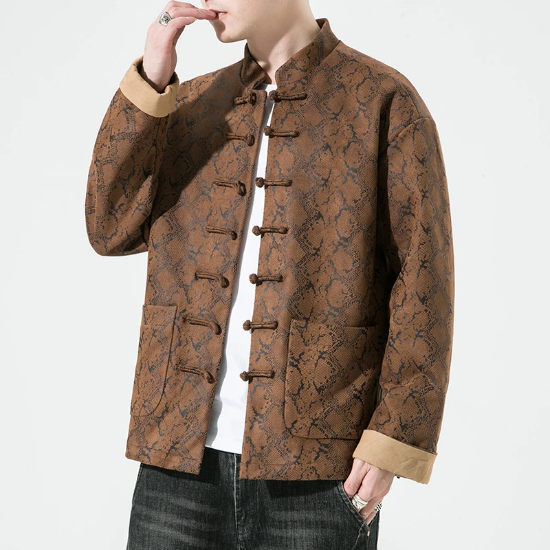 中国风秋冬加厚唐装外套中式复古风盘扣暗纹夹克男休闲立领中山装