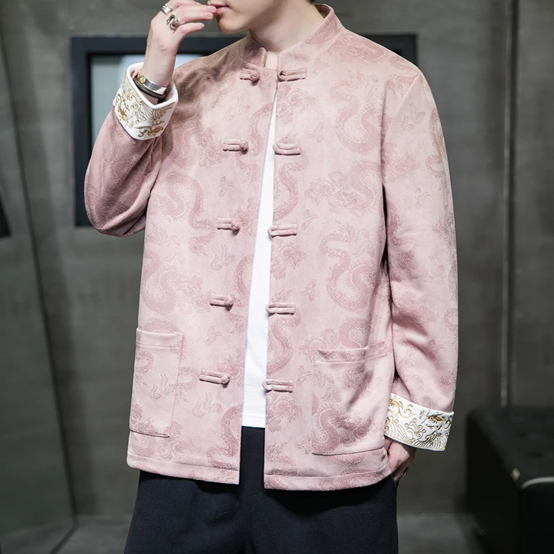 中国风男装中式盘扣外套男士大码国潮唐装青年飞鱼服龙纹中山装潮