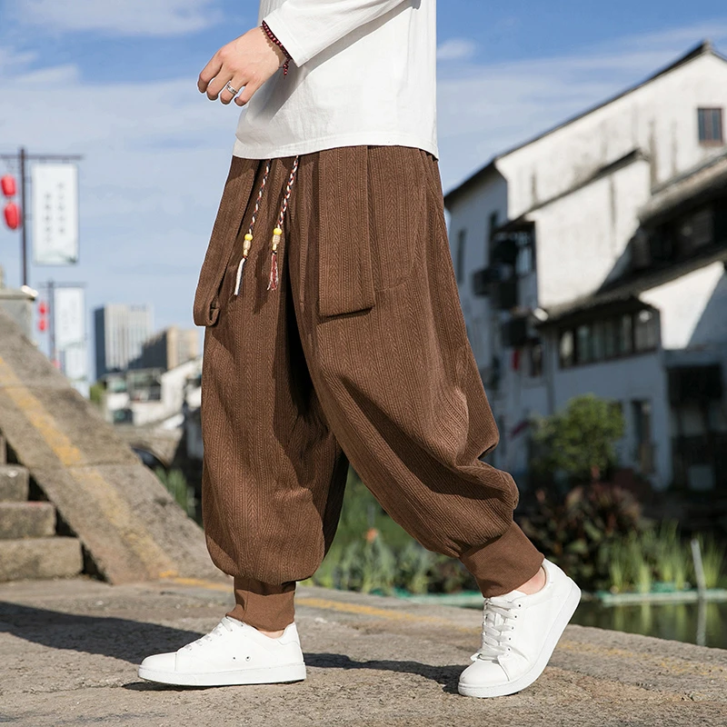 休闲裤男2023新款秋季中国风灯芯绒裤子古风大码直筒阔腿灯笼裤潮