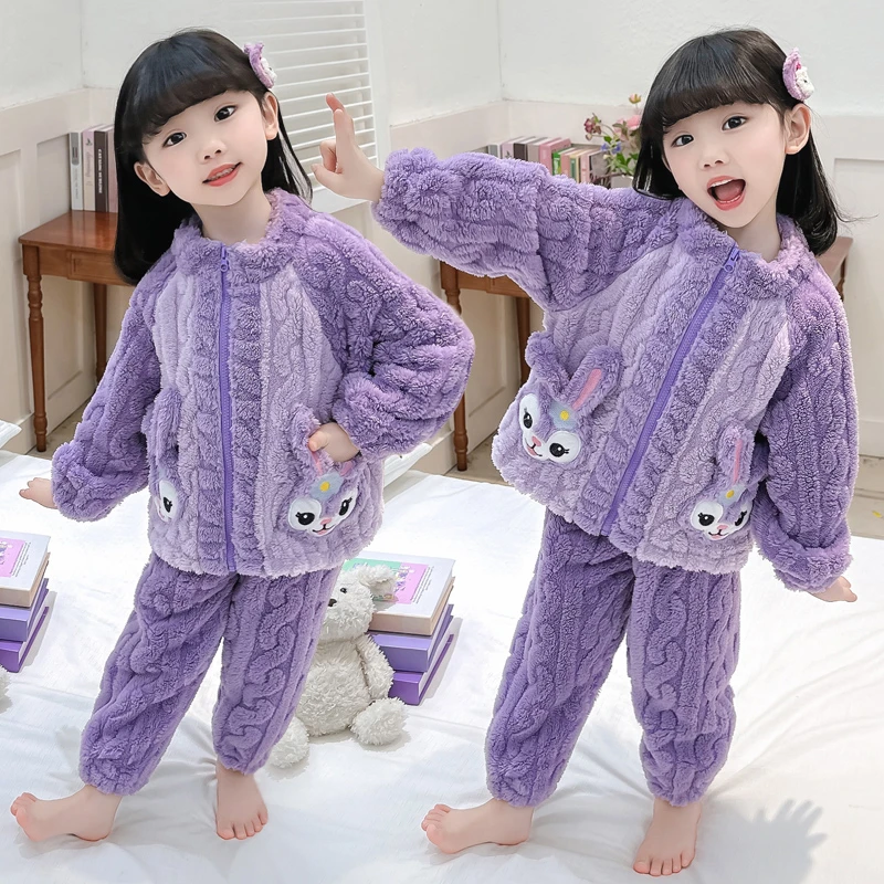 儿童法兰绒家居服秋冬季公主小女孩宝宝加厚款套装女童珊瑚绒睡衣