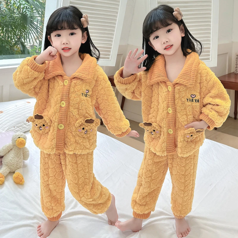 女童珊瑚绒睡衣儿童法兰绒家居服秋冬季公主小女孩宝宝加厚款套装