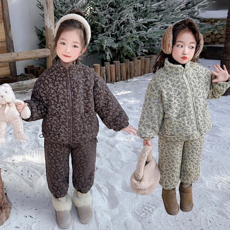 儿童家居服四层夹棉套装女童睡衣加绒加厚女宝宝冬款两件套分体衣