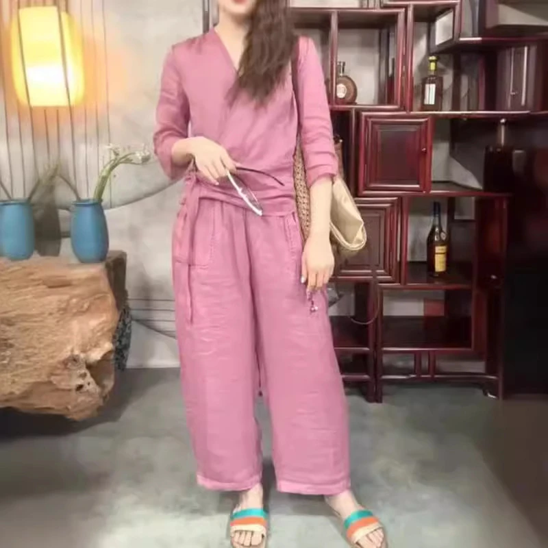 欧洲站2024夏季新款休闲风显瘦系带V领上衣百搭高腰裤子纯色套装