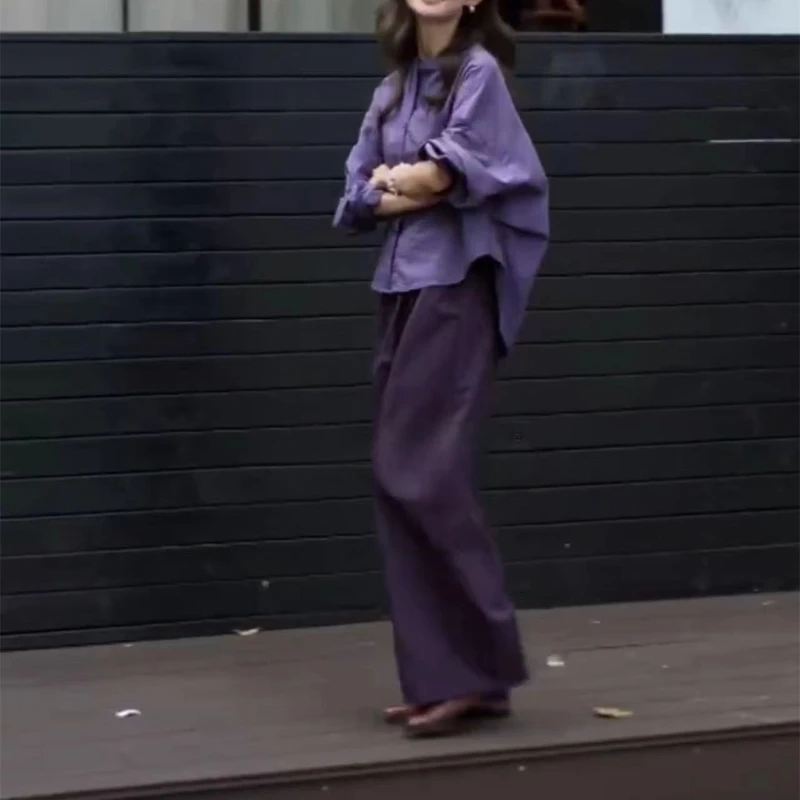 秋季新款紫罗兰色长袖单排扣宽松显瘦衬衫上衣高腰直筒休闲裤长裤
