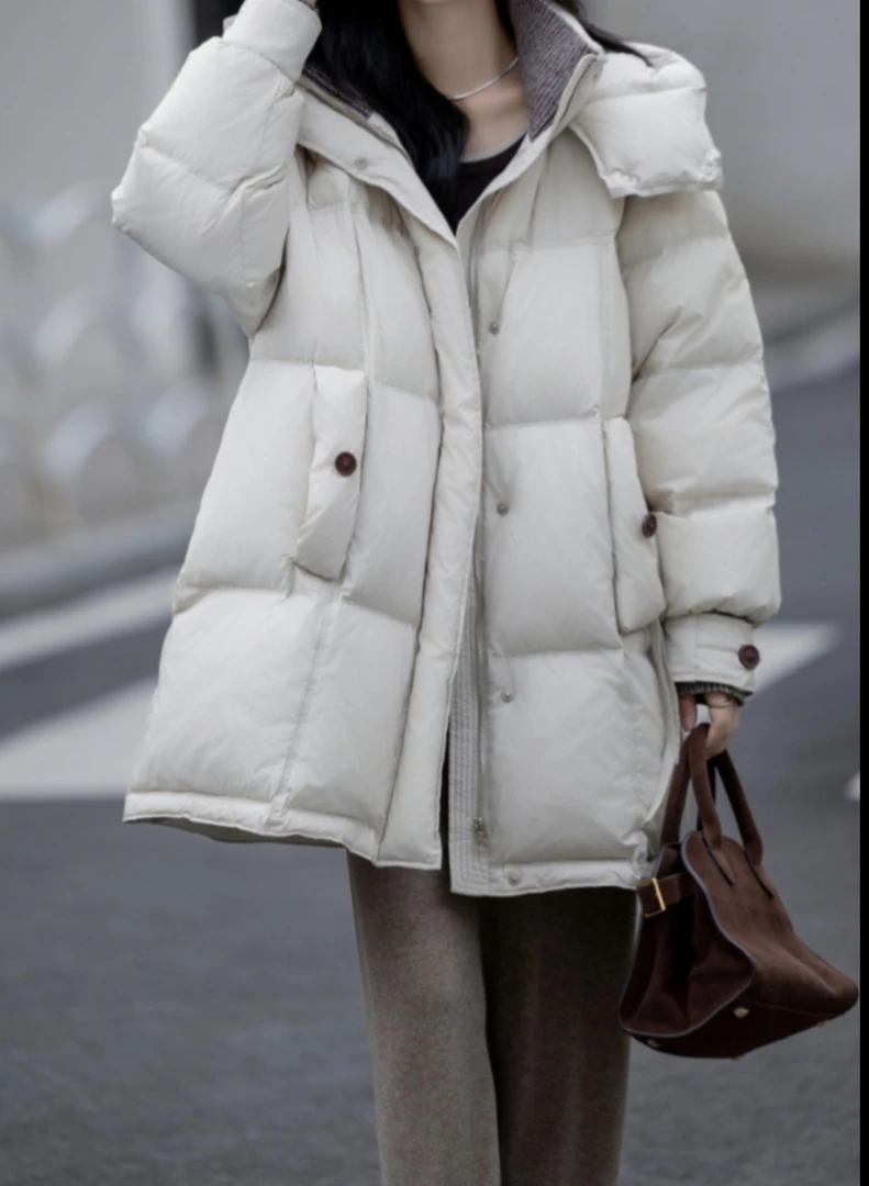 3D高密锁绒工艺高端中长款白鸭绒服