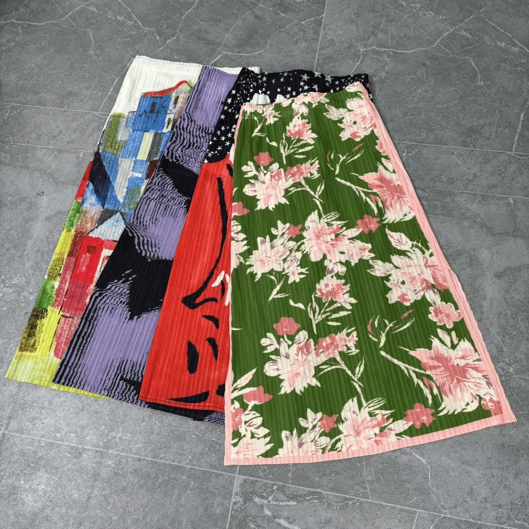 褶皱半身裙2024夏季时尚新款印花拼色开叉气质显瘦直筒裙中长裙