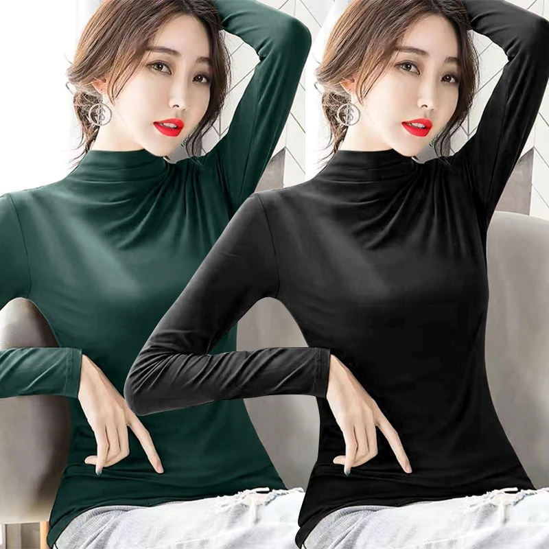 半高领纯色内搭打底衫T恤女士气质简约秋冬磨毛保暖长袖上衣女装