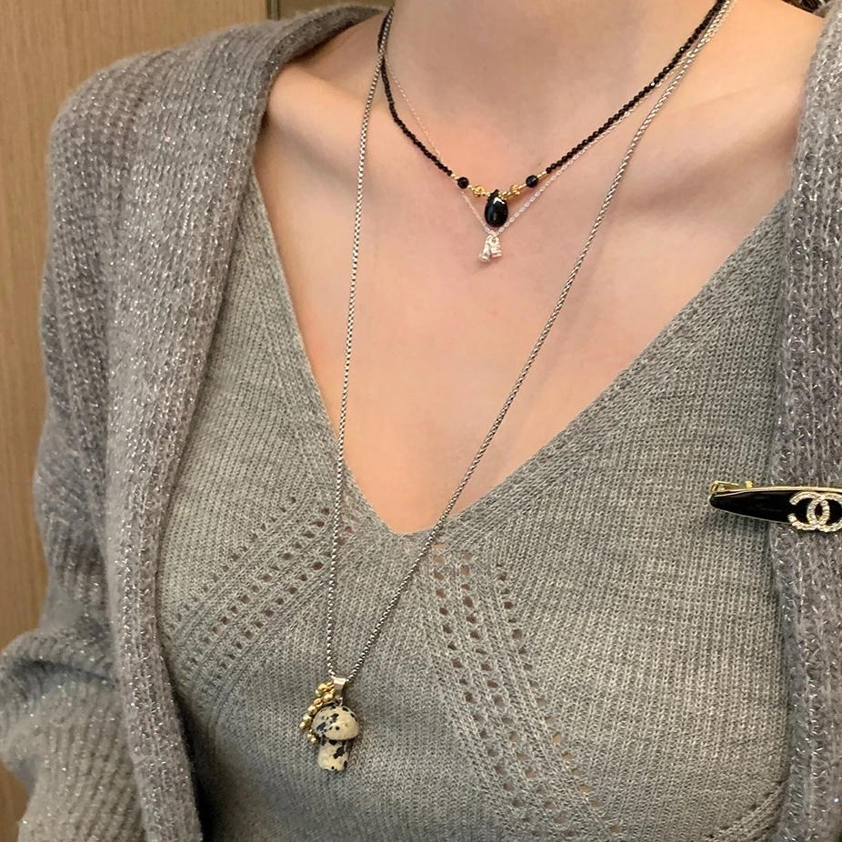 不锈钢项链 天然斑点黑虎石蘑菇项链小众锁骨链女