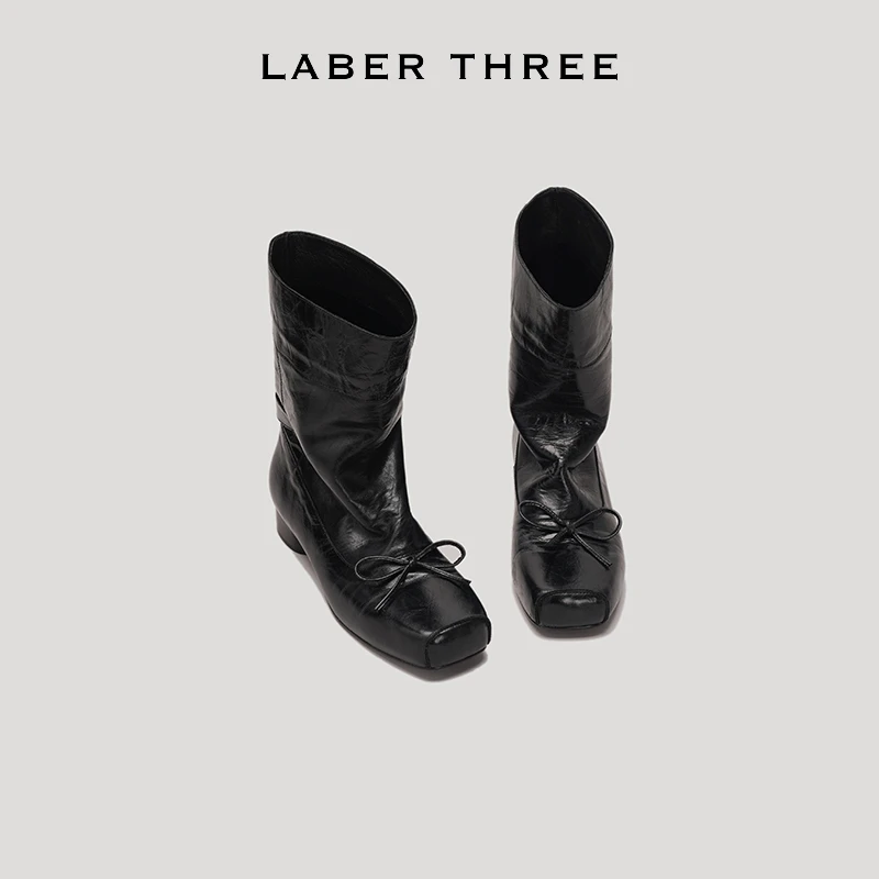 LABERTHREE 复古低跟猪鼻子方头芭蕾舞风蝴蝶结裤管靴中筒靴