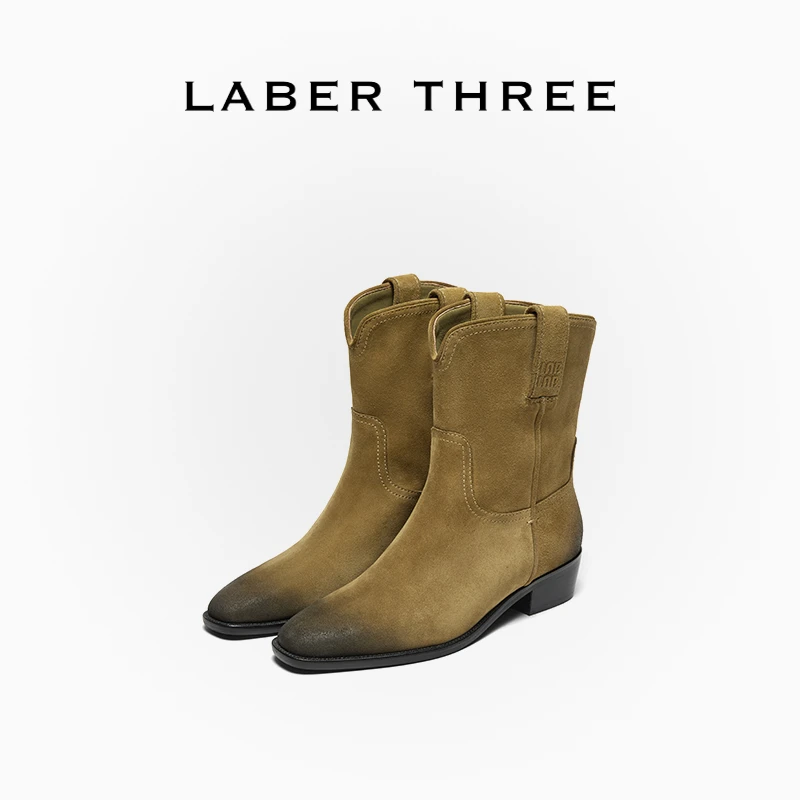 【孟子义同款】LABER THREE 时髦精B入一脚蹬擦色西部靴圆头短靴