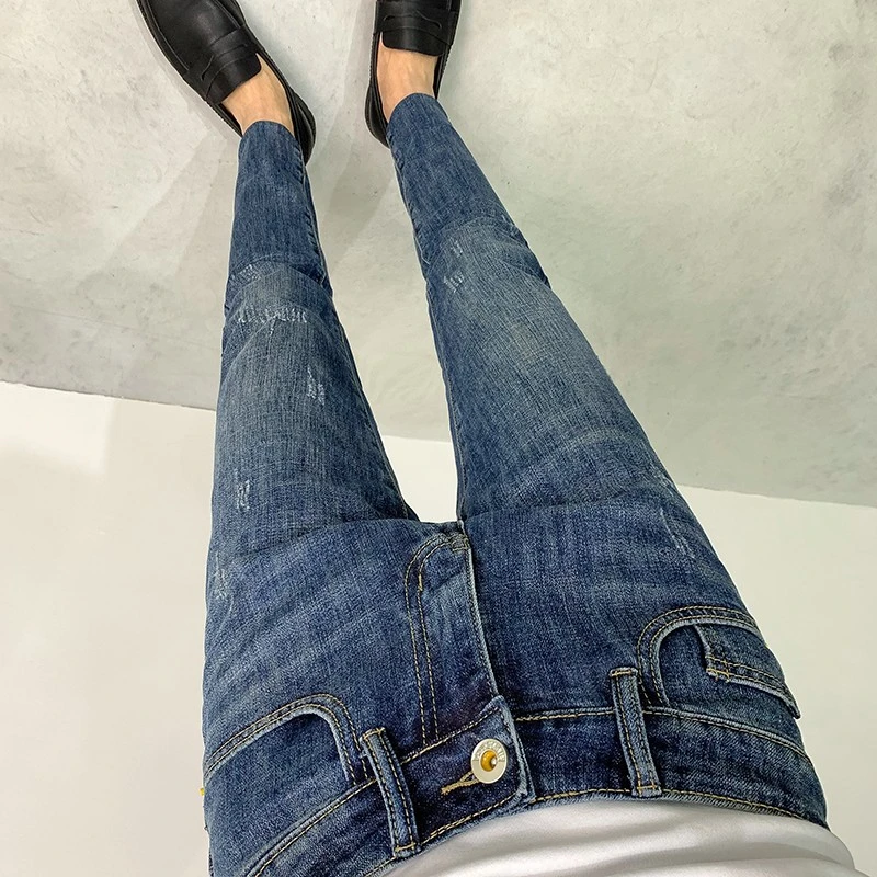 蓝色牛仔裤男潮流修身九分裤韩版百搭时尚新款显瘦弹力小脚长裤